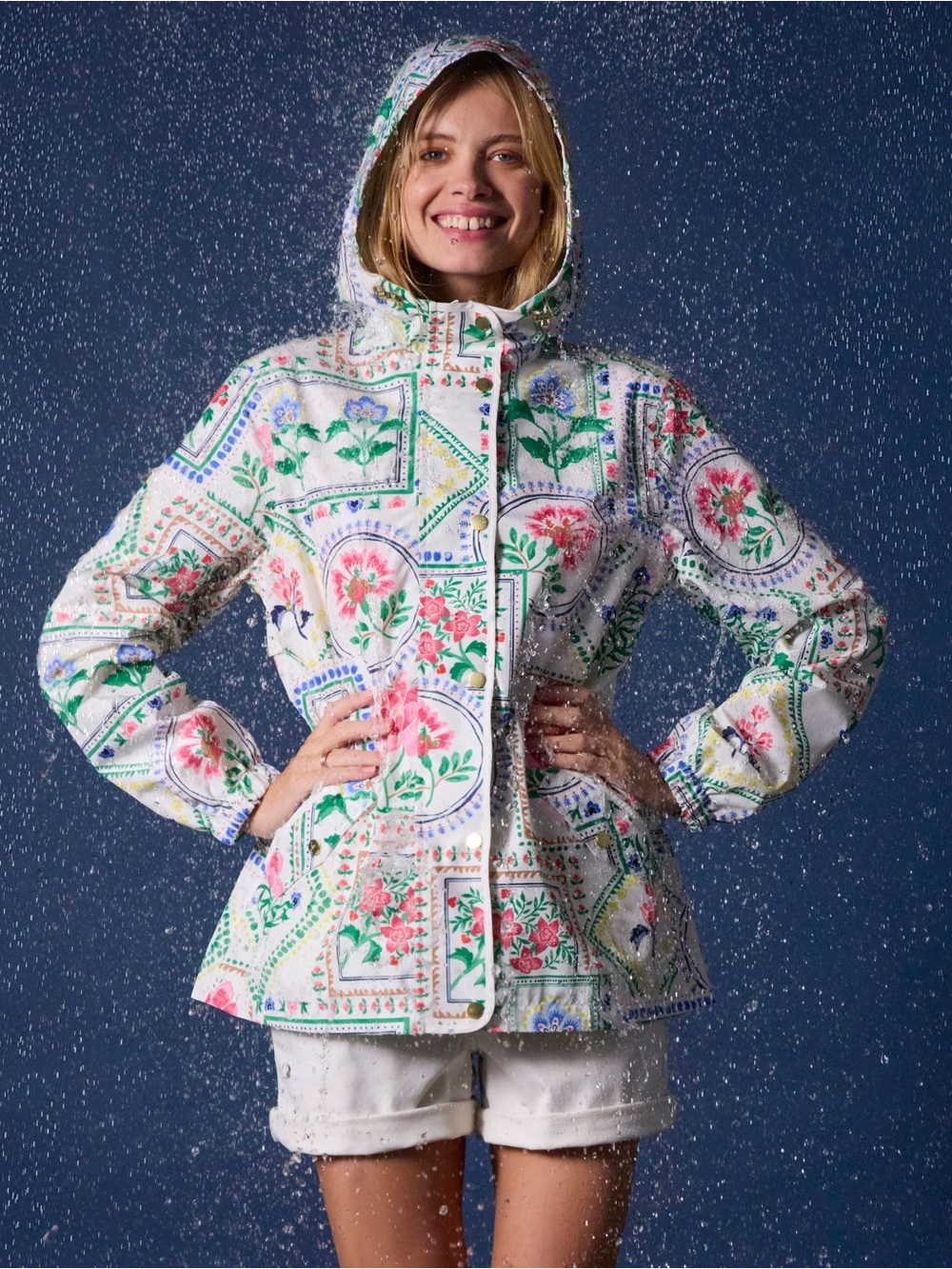 Joules Holt White Floral Mosaic Hooded Raincoat Jacket
